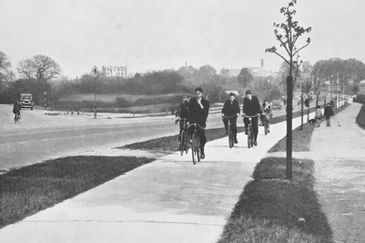 Cyclists use a typical cycle lane in the 1930s